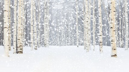 Fototapeta premium Birch trees stand in a quiet winter forest during a gentle snowfall.