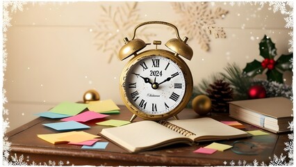 Using a vintage alarm clock and turning the 2024 change into the 2025 block, happy new year. Concepts of Christmas, New Beginning, Resolution, Countdown, Objectives, Plan, Action, and Motivation