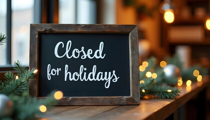 Rustic chalkboard sign announcing closed for holidays.