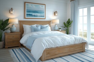 Coastal bedroom design features light blue accents on crisp white linen bedding, wooden furniture. Relaxing atmosphere created by ocean-view window. Woven blue rug complements wooden furniture.