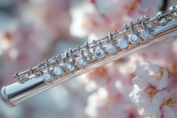 Silver flute against a soft-focus background of delicate pink blossoms.