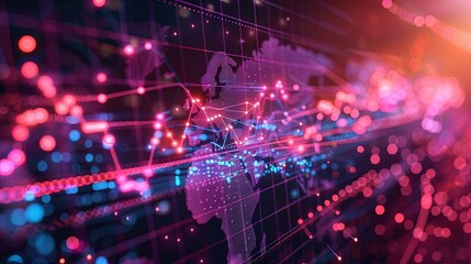 Global Network Data Visualization:  Interconnected World Map with Dynamic Graphs