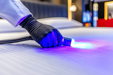 Hospitality professional executing comprehensive UV sanitization protocol