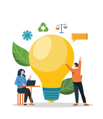  A creative illustration featuring a large yellow lightbulb as the central element, surrounded by two figures engaged in work. One figure is seated with a laptop while another is standing with raised 