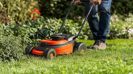 Gardener Trimming Overgrown Lawn with Electric Mower and Trimmer in Vibrant Garden Landscape