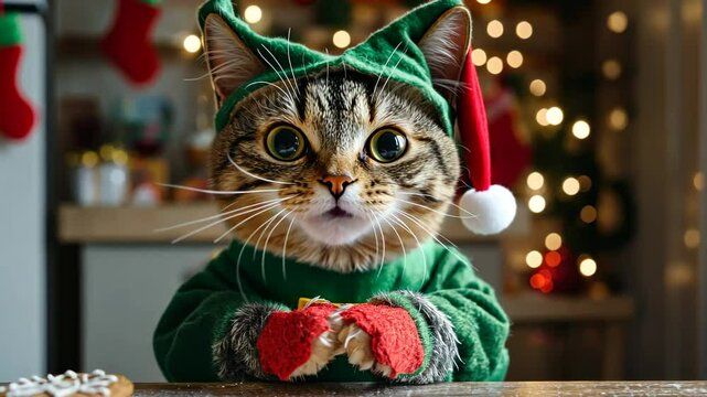 Festive cat in elf costume enjoying christmas cookies at home