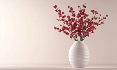 A white vase holding a beautiful arrangement of red cherry blossoms against a plain background.