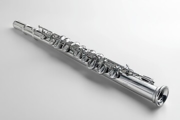 Fototapeta premium A silver flute rests on a white background, showcasing its gleaming surface and intricate details.