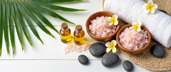A tranquil spa setup featuring aromatic salts, essential oils, and tropical flowers. Perfect for relaxation, with smooth stones and lush palm leaves setting a serene atmosphere for a rejuvenating expe