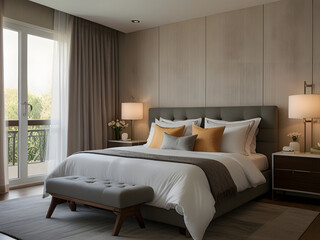 Fototapeta premium Well-Appointed Small Modern Bedroom with Queen-Sized Bed, Bedside Tables, and Large Window with Curtains