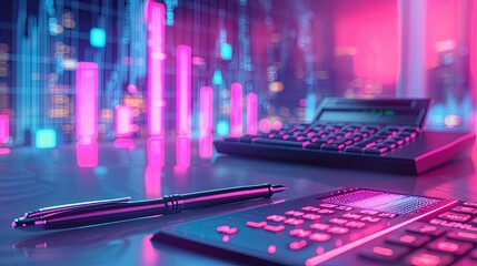Neon-lit Financial Desk with Calculator, Pen, and Stock Market Data