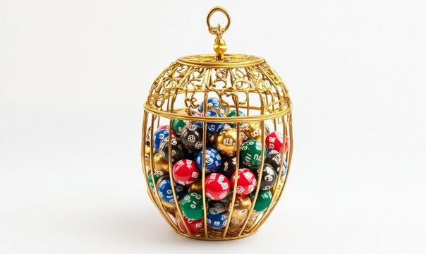 Against a white background, a golden cage with bingo balls is seen filled with balls for playing bingo