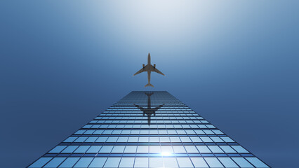 A jet flying above a scyscraper high above