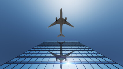 A jet flying above a scyscraper