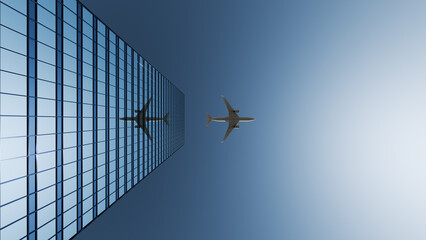 A jet flying above a scyscraper