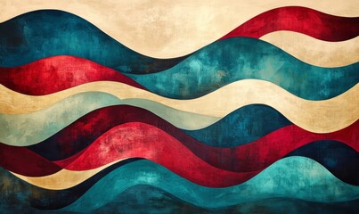 An abstract design featuring flowing, wavy patterns in rich hues of red, blue, beige, and teal, creating a dynamic and visually engaging composition with a sense of movement and depth