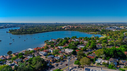 Panorama Aerial view above Rhodes with views to Meadowbank and Olympic park and Wentworth Point and Concord West with Parramatta River in Sydney NSW Australia