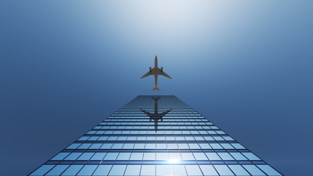 A jet flying above a scyscraper high above