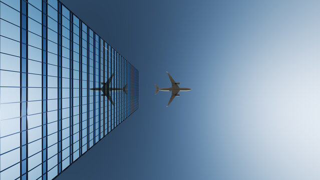A jet flying above a scyscraper