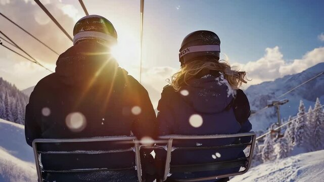 Skiers enjoy sunset ride on chairlift with breathtaking mountain views