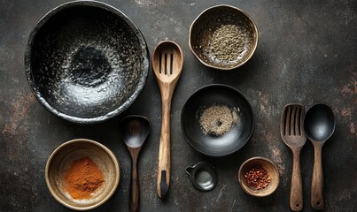 rustic kitchen utensils with bowls of spices like cumin
