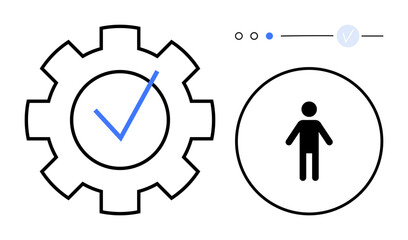 Gear with blue check mark symbolizing task completion next to a human figure within a circle. Ideal for project management, workflow optimization, task tracking, productivity, human resources