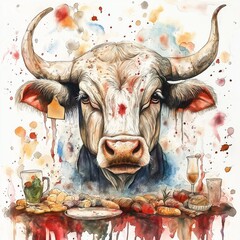 Artistic watercolor painting of cow head. Cow looks directly at viewer. Table full of food in front of cow. Food includes various vegetables, drinks. Artistic style uses various color splashes. Image