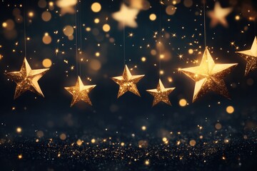 A string of glittering star decorations hangs in a festive night setting, showcasing the beauty of glowing lights and evoking feelings of warmth and happiness.