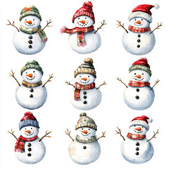 A set of watercolor snowmen clip art, with various expressions and accessories like scarves or hats. Each one is isolated on a white background