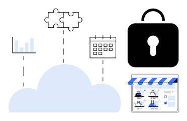 Cloud connects bar graph, puzzle pieces, calendar, lock, and online store interface. Ideal for technology, cloud services, data analysis, security e-commerce workflow optimization and scheduling