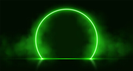 Neon arch with smoke, green glowing portal, futuristic circle gate, magic stage with vapor. Vector illustration.