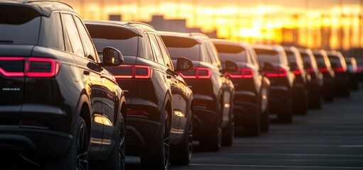 Obraz premium A row of black SUVs with illuminated taillights against a sunset backdrop.