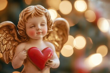 This serene image features an angel figurine tenderly holding a bright red heart against a softly blurred bokeh effect background, symbolizing love and peace in its purest form.