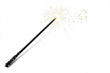 Realistic brown Magic wand with golden glowing shiny stars trail on white background. Fantasy wizard spell stick with glow wave trace. Fairytale magician rod with twinkle streak.	