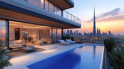 Luxury penthouse apartment in Dubai with stunning balcony, pool overlooking city skyline at sunset. Modern architecture style Dubai landmark tower in background. Interior features opulent living