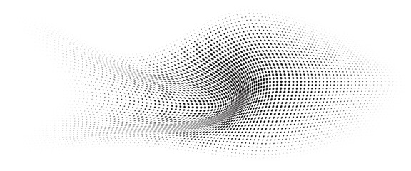 Flowing Wave Dot Halftone Pattern: Curve Gradient Shape on Transparent Background. Suitable for AI, Tech, Network, Digital, Science, and Technology Themes.
