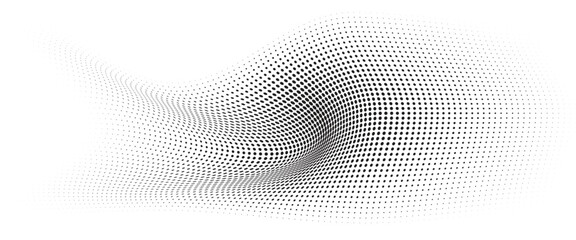 Fototapeta na wymiar Flowing Wave Dot Halftone Pattern: Curve Gradient Shape on Transparent Background. Suitable for AI, Tech, Network, Digital, Science, and Technology Themes.