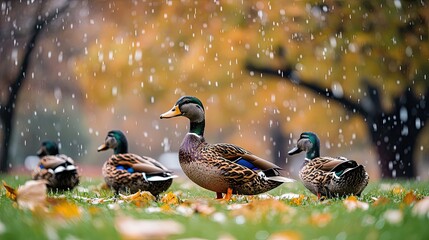 Ducks Walking on Ground with Colorful Fall Leaves and Snow