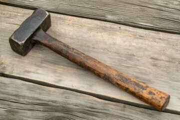 An old, weathered hammer with a wooden handle rests on aged wooden planks, creating a rustic, countryside-industrial vibe perfect for vintage-style projects.