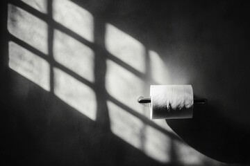 A minimalist black and white image showcasing a roll of toilet paper dramatically lit, creating intriguing shadow patterns from a window on a simple background.