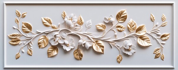 Design a luxury wall bas-relief with stucco moldings. Branch with golden leaves. As an illustration for an invitation, a postcard, or an interior design project.