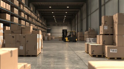 A warehouse interior with stacked boxes and a forklift in operation.