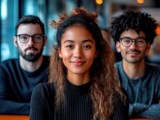 Obraz premium A smiling person is seated at a table, possibly indoors during an informal gathering They have curly hair, glasses, and a black top with texture Background shows three individuals engaged in conver