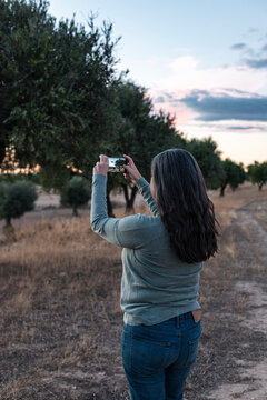 Woman traveler photographing olive grove with smartphone