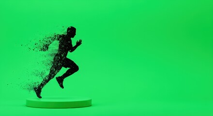 Fototapeta premium Silhouette of man running on platform, disintegrating bright green background