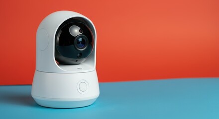 White home security camera with wide lens on modern background