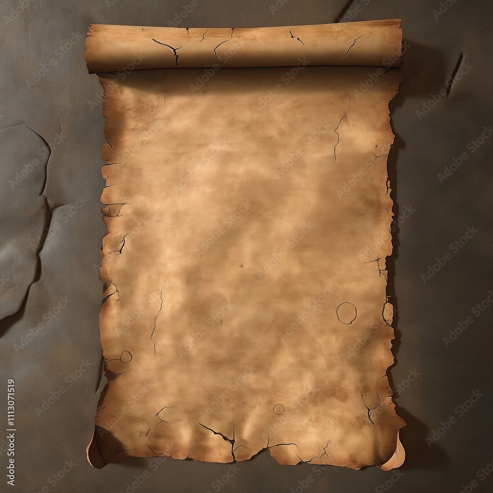 Poster Old paper scroll on transparent background. Worn parchment displays age, time. Antique style paper looks like ancient document. Vintage aesthetic for history fantasy themes. Suitable for history