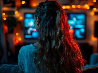 Fototapeta premium A person sits facing away, wearing a light-colored sweater They have long hair and are in a room with a television showing abstract designs The setting is lit by warm ambient lights