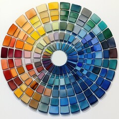 Obraz premium Colorful watercolor paint swatches arranged in circular color wheel. Shades, hues transition smoothly through spectrum. Art piece demonstrates color mixing, theory. Visual display of various shades,