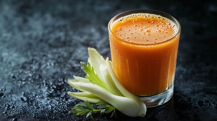 A vibrant carrot juice glistens on a dark surface, surrounded by endive leaves in soft light.